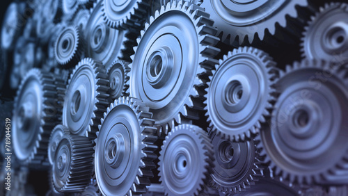 Background formed with group of 3D steel wheels in motion. 3D illustration photo