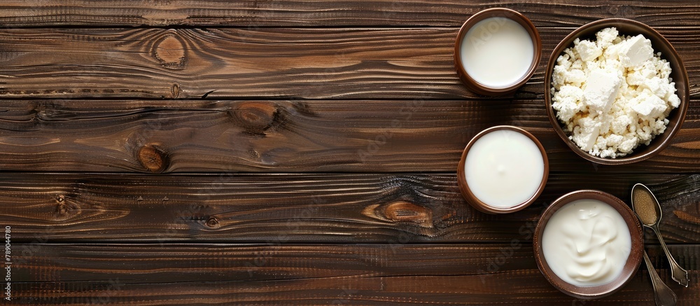 Top view of dairy products placed on a wooden background Top view of dairy products placed on a wooden background