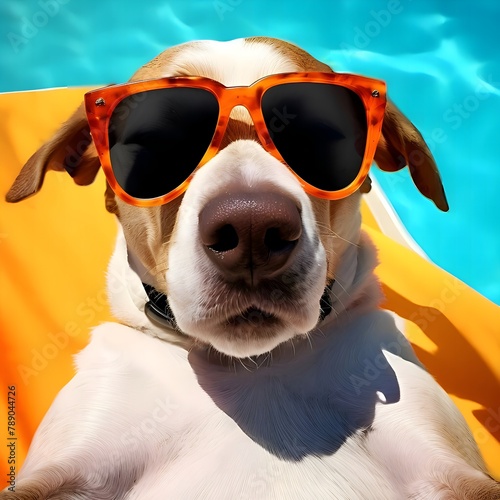 A dog with a big nose in sunglasses on vacation on a yellow lounger near the blue water of the pool