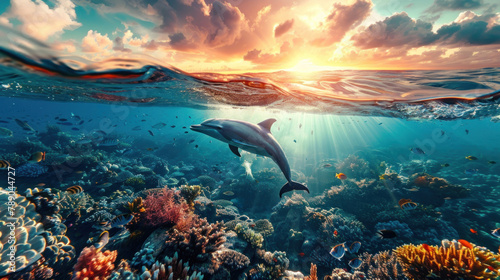 dolphin in the clear waters of the ocean against the backdrop of prex reefs in the light of the sun s rays  banner