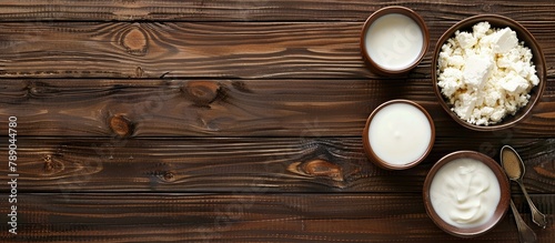 Top view of dairy products placed on a wooden background