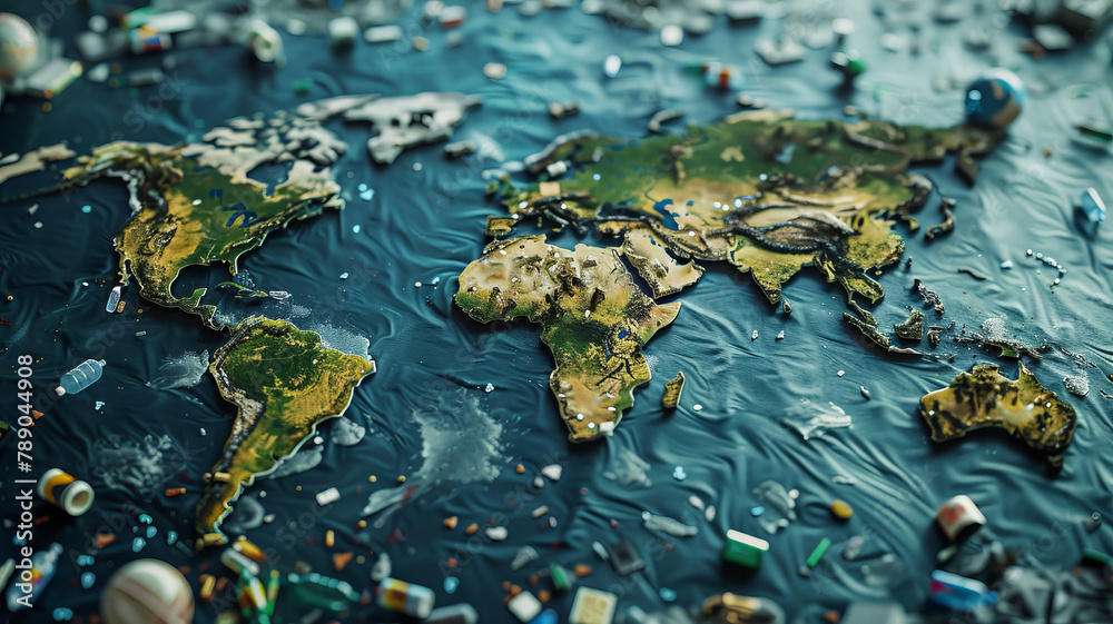 Continents earth are made up of human waste and garbage, surrounded by water. Concept environmental with plastic pollution ocean. Continents earth are made up of human waste and garbage, surrounded by water. Concept environmental with plastic pollution ocean.