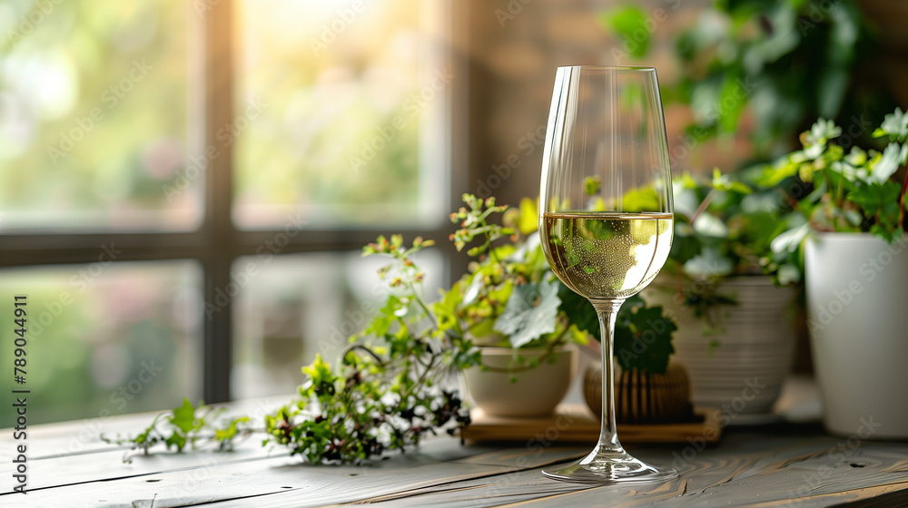 A glass of white wine is on a table next to some potted plants A glass of white wine is on a table next to some potted plants