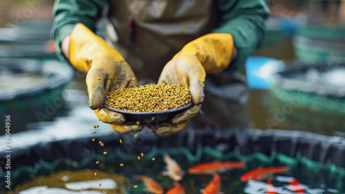 Worker holds scoop of pelleted feed fish for feeding. Concept Farm of trout and salmon.