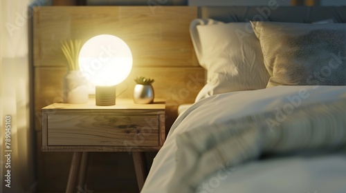 Closeup of a bedroom with a double bed and a wooden bedside table in light colors and a lamp The concept of a stylish comfortable bedroom for a young family : Generative AI