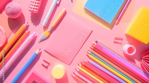 Pink pastel background with various colorful material for creativity and art activity  Stationery and supplies for drawing and craft with 
copy space  Primary School or kindergarten : Generative AI photo