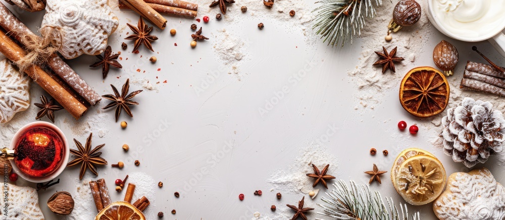 Festive Christmas backdrop with a touch of spice. Baking ingredients displayed in a flat lay style, leaving room for text.