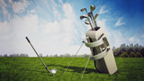 Golf bag full of golf clubs and ball with a club on the grass. 3D illustration