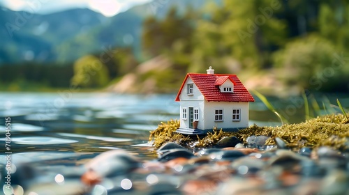 Toy white house with red roof on shore of lake sunny day beautiful view of sea
