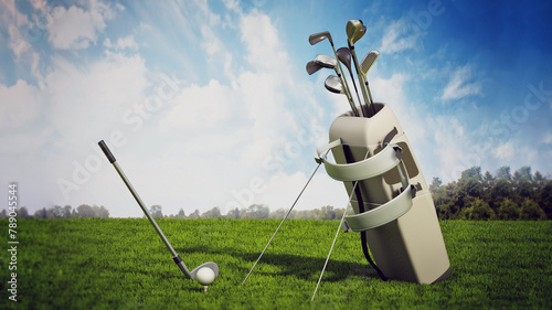 Golf bag full of golf clubs and ball with a club on the grass. 3D illustration photo
