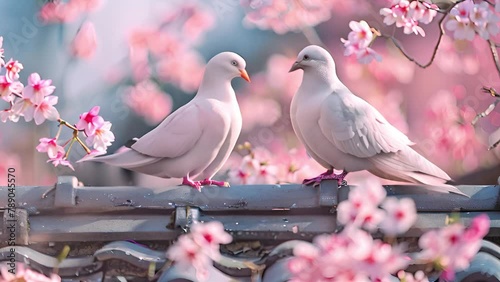White doves on rooftop with pink spring flowers. Two white doves with love. Valentine and Sweetest day concept. Couple of pigeons bird on the tree with background  blossom gardens. Love and family 4k