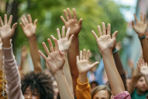 Group of people raising their hands in the air as a form of protest or demonstration in the street, advocating for a cause or campaign..