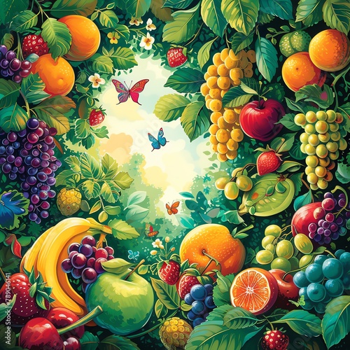 Mixed Fruits in Garden Illustration