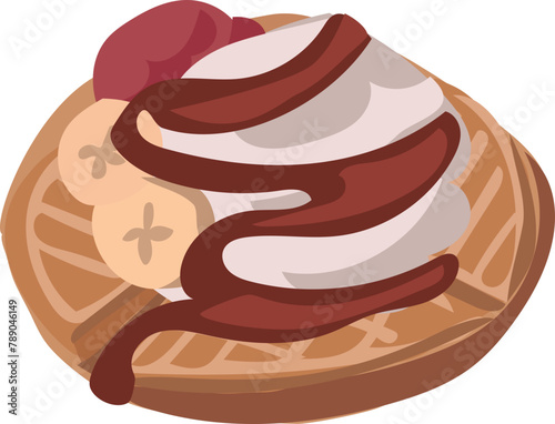 Chocolate banana waffle illustration on transparent background.
