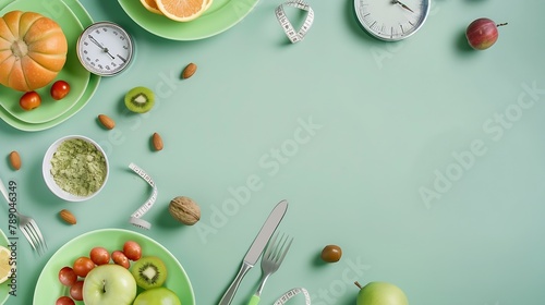 Dieting concept Top view photo of plates with fruits vegetables nuts cutlery tape measure scales and dumbbells on isolated green background with copyspace : Generative AI