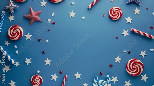 USA Independence day concept USA flags and Red and blue spirals and white stars top view flat lay on blue background with copy space : Generative AI