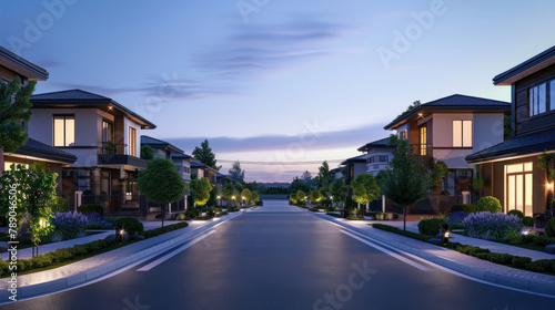 beautiful residential street with modern houses at dusk. street with houses on both sides, each house has lights. there is an empty road between them leading to horizon