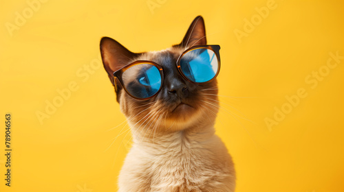 A cat wearing glasses and looking at the camera. The cat's eyes are blue and the glasses are brown. A beautiful Siamese Cat wearing sunglasses against a yellow background, large copy space, © Nataliia_Trushchenko