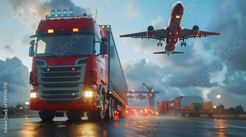 A truck in the port against the backdrop of a transport plane taking off, containers, cranes and cargo ships. Global transportation and delivery.