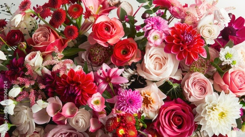 A stunning bouquet of flowers captured up close and set against a white background