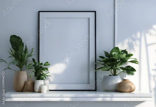 shelve bright rendering plants 3D interior leaning white mockup Frame decorations painting canvas picture photo poster framing wall laying blank paint empty vertical © wafi