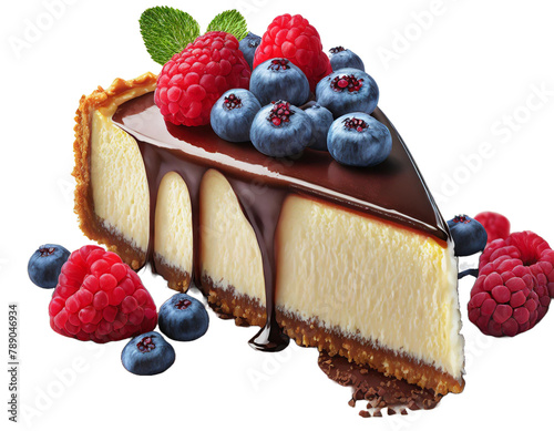 Portion of cheesecake with chocolate icing with raspberries and blueberries on a transparent background © Monika