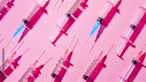 Creative medicinal pattern from syringes of pink background Colorful concept of New Corona virus 2019nCoV or COVID19 vaccine Flat lay top view copy space : Generative AI photo