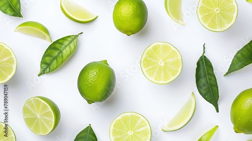 Lime fruits with slices and green leaves isolated on white background Top view Flat lay : Generative AI