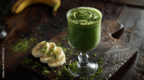 On a rustic wooden table, a glass filled with creamy banana kiwi smoothie takes center stage, surrounded by meticulously arranged slices of banana.