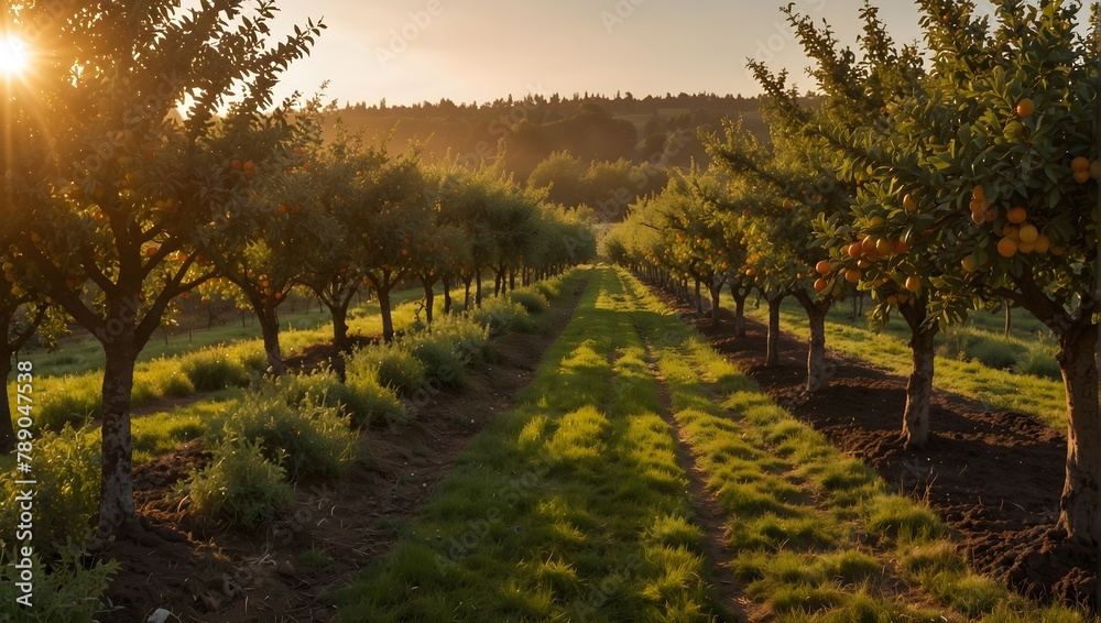 Naklejka premium A panoramic view of an orchard with rows of fruit trees, bathed in golden sunrise light Generative AI