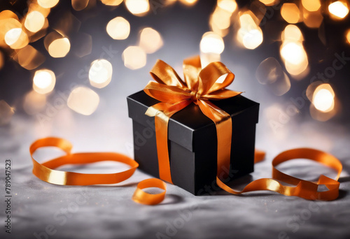 blurred gift background orange bow Black ribbon space  boxes golden tag Copy style Birthday  lights New friday bokeh  year  scounts confetti gold present box christmas holiday birthday luxu photo