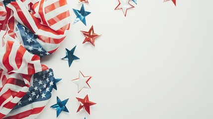 4th of July American Independence Day Happy Independence Day American flag decorations on white background Flat lay top view copy space banner : Generative AI