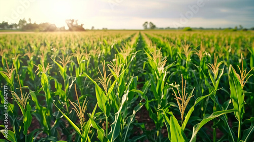 Landscape view of green corn field with sunrise in the background