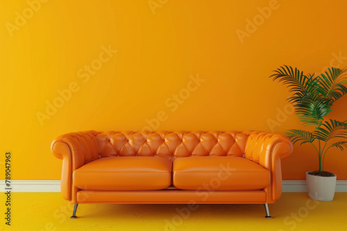 3d rendering of an orange leather sofa in a minimally designed interior with a yellow wall background mock-up. © Rangga Bimantara