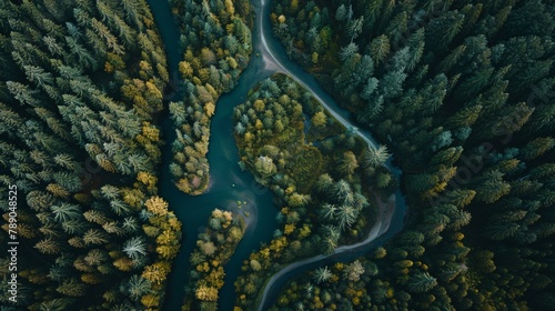 Aerial View of Serpentine River Winding Through Autumn Forest