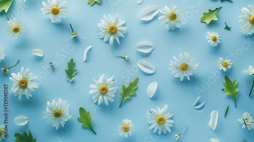 Floral pattern with small daisy flowers leaves and petals on blue trendy pastel background Flower pattern flat lay top view frame composition with copy space : Generative AI