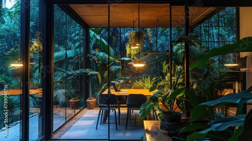 Inviting home office setup with ambient lighting  surrounded by lush greenery visible through a large window at dusk.