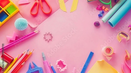 Pink pastel background with various colorful material for creativity and art activity Stationery and supplies for drawing and craft with copy space Primary School or kindergarten : Generative AI