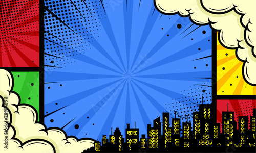 Colorful comic scene background with city silhouette