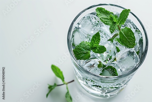 Glass of water with mint and ice. Glass filled with ice and mint .