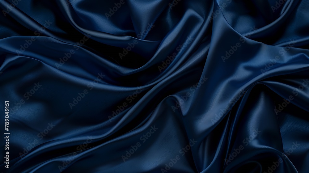 Obraz premium Dark blue silk satin Soft folds Fabric Navy blue luxury background Space for designWavy lines Banner Flat lay top view table Beautiful Elegant Birthday Christmas Valentines Day : Generative AI