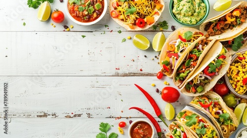 A vibrant assortment of Mexican culinary delights including tacos quesadillas burritos and nachos is beautifully displayed on a white wooden banner background from a top down perspective cr