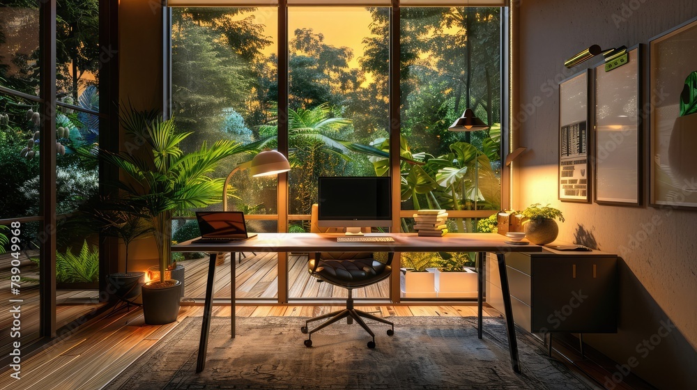 Inviting home office setup with ambient lighting, surrounded by lush greenery visible through a large window at dusk.