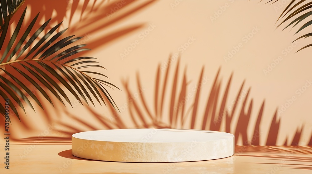 Mockup new naturalism with a podium pedestal on a summer sunny day and shadows from a palm tree on a pastel earthy orange background : Generative AI