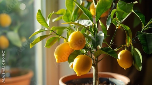 Potted citrus plant with ripe yelloworange fruits copy space Closeup of indoor growing lemon Volcameriana tree  Elegant home decor template Home gardening hobby : Generative AI