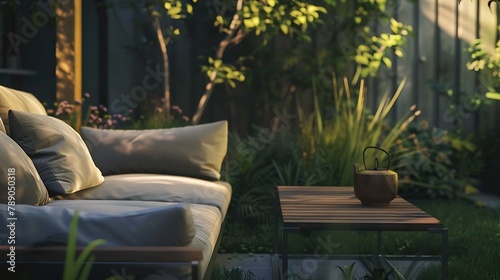 wooden sofa and metal table in yard patio of beautiful house in the gardenclose up : Generative AI photo