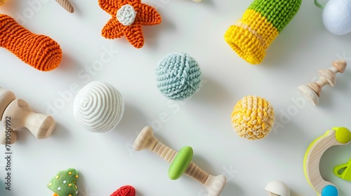Hep of wooden and knitting eco toys for baby activity motor and sensory development on white table top view : Generative AI photo