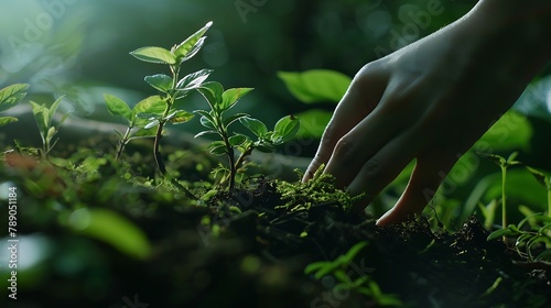 Closeup of Human Hand Grabbing Vegetation and Soil in Nature Concept of Loving Nature : Generative AI photo