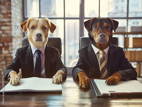 Two dogs wearing formal business suits in an office conference room for a meeting, discussion, collaboration or interview. Business and Corporate. Finance & Lawyer. Success & win. Looking at camera.