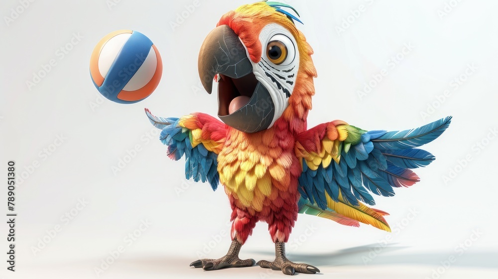 Obraz premium A colorful parrot is holding a ball in its beak